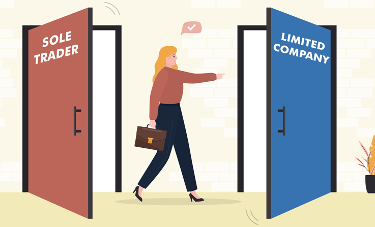 An illustration of a business woman making the transition from sole trader to limited company.
